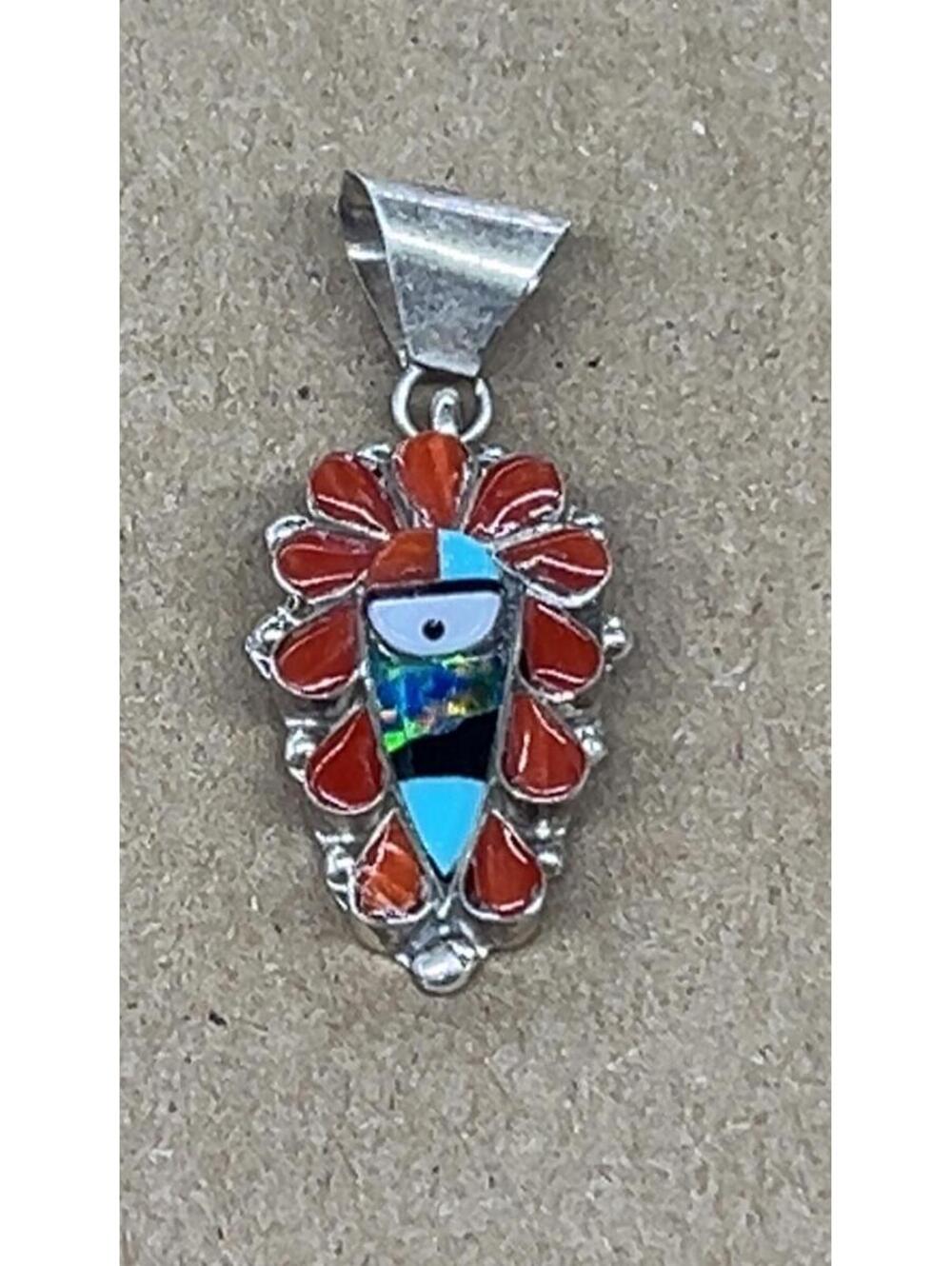 Native American Zuni sterling silver coral cluster turquoise pendant traditional